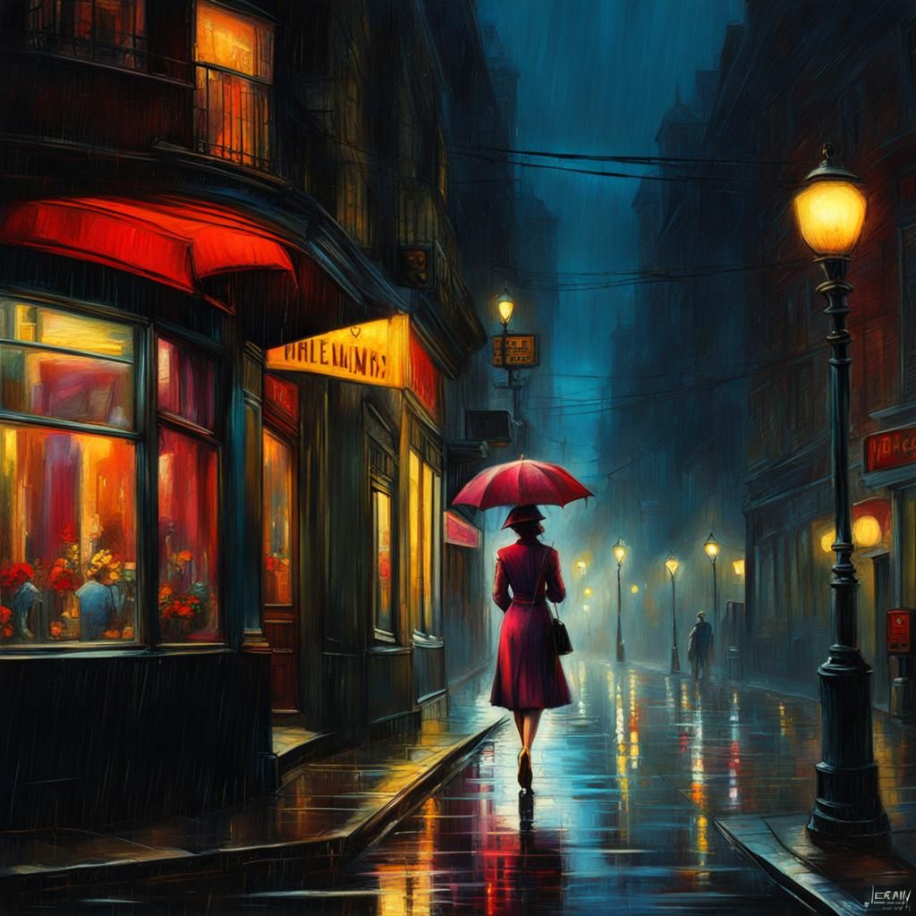 Film Noir Woman Walks Rainy City Street