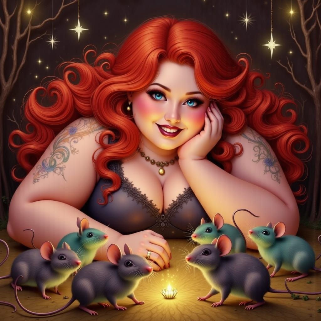 Red-Haired Woman Joyfully Plays with Rats in Oil Paint Style