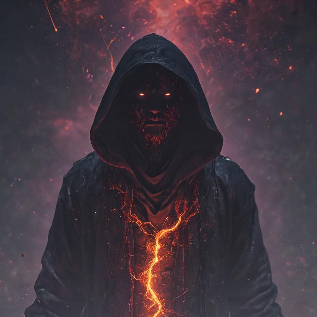 Hooded Mystic with Fiery Aura in Anime Style