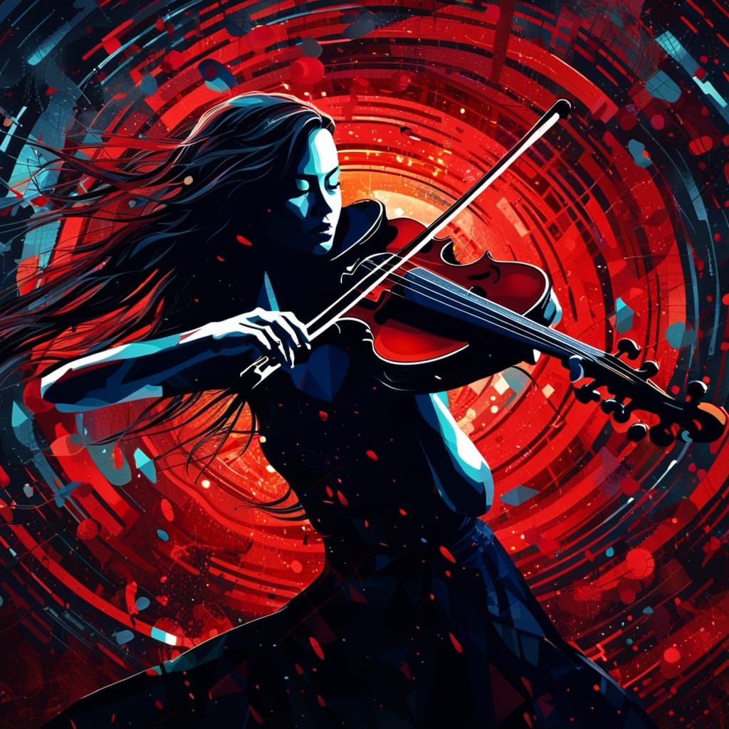 beautiful long-haired woman playing the violin amidst an abstract digital storm with dark silhouette, dynamic pose, geom...