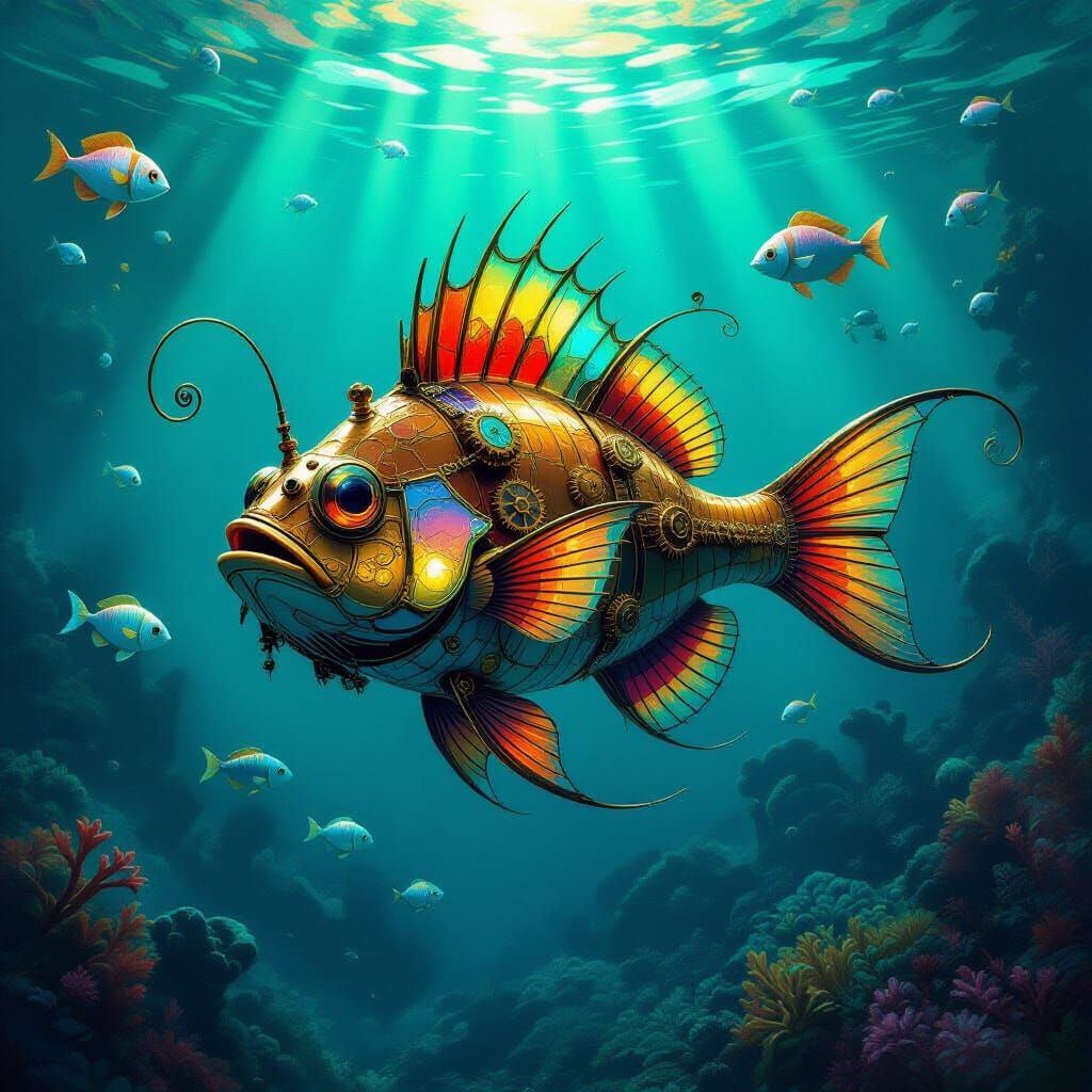 Steampunk Anglerfish in Bioluminescent Alien Ocean