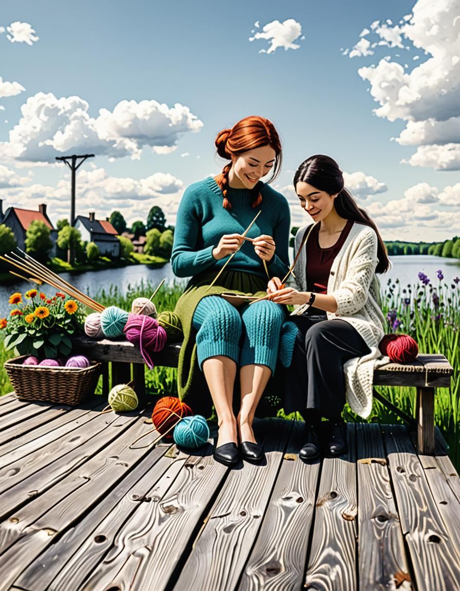 Knitting Lesson in Solarpunk Village, Minimalist Illustratio...