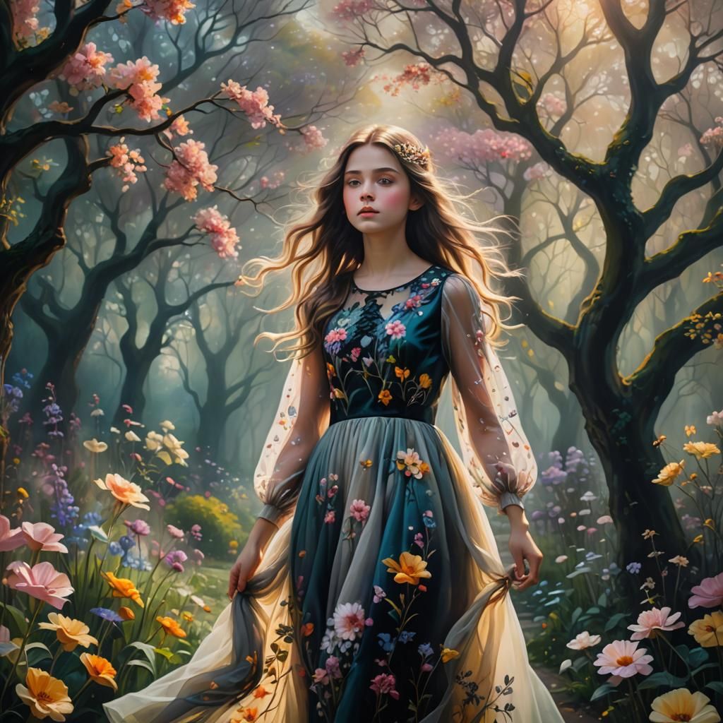 Girl in Fantastical Garden, Surreal Oil Painting