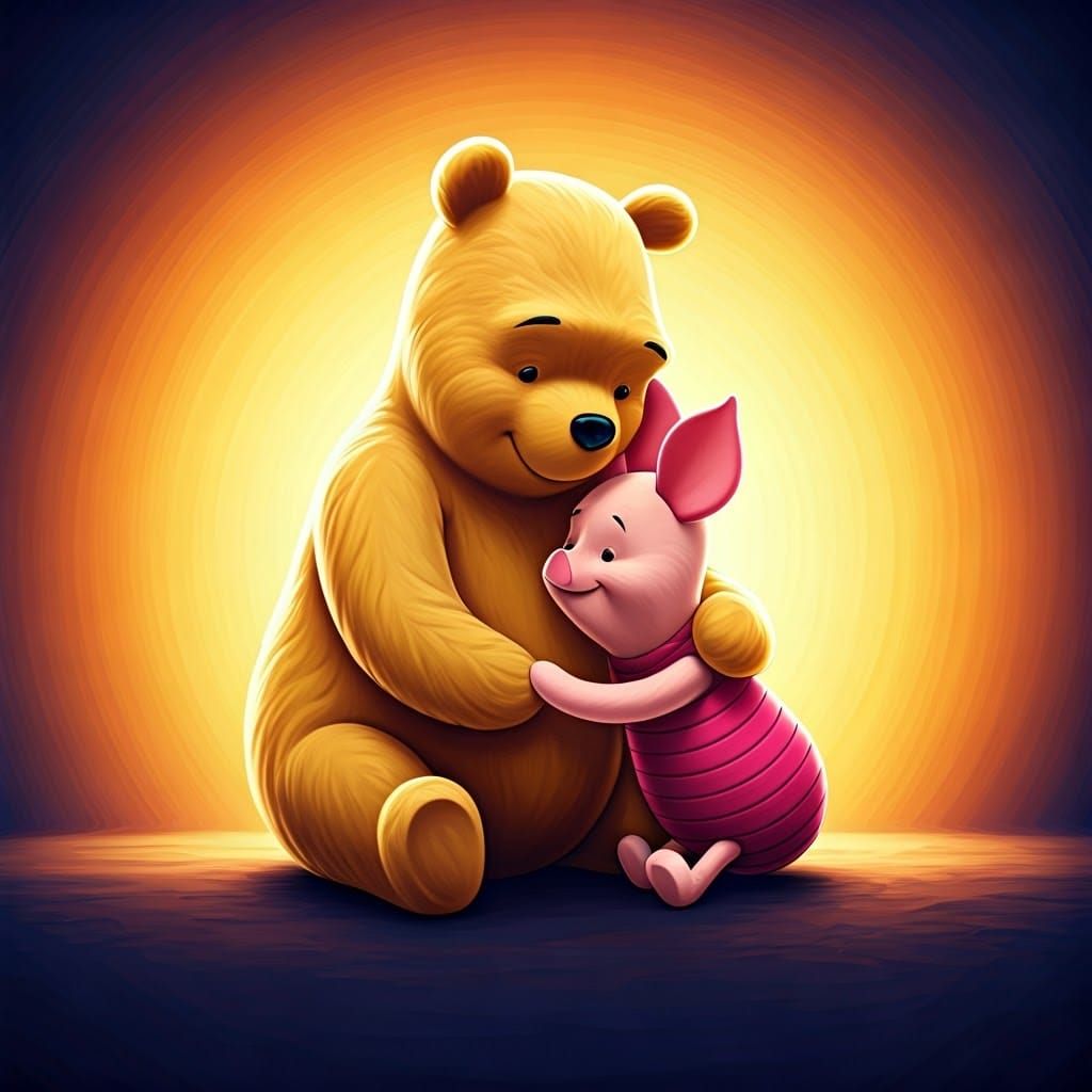Piglet Comforts Pooh Bear in 3D Digital Art