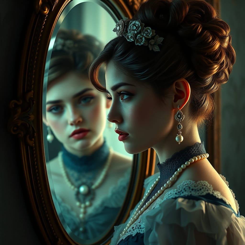 Victorian Lady Emerges from Modern Reflection