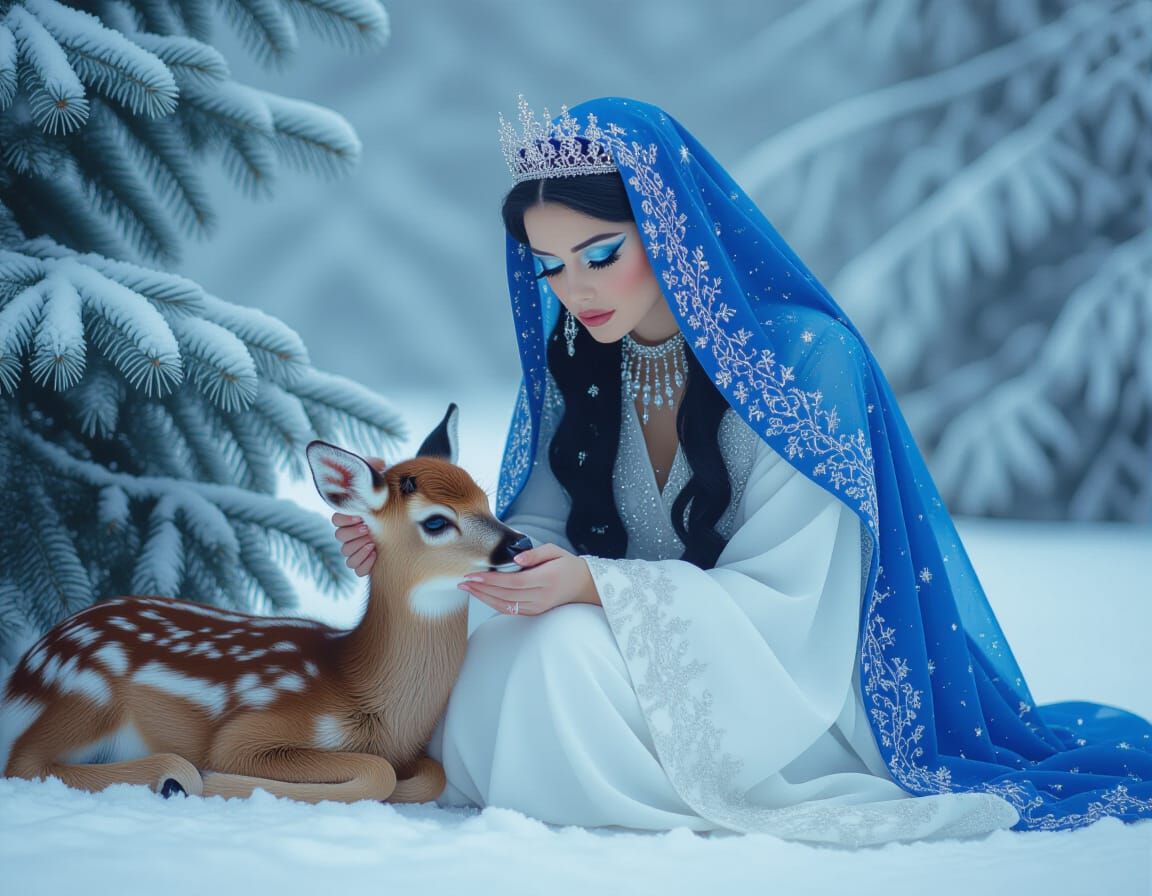 Snow Queen Kneels with Fawn in Gothic Style