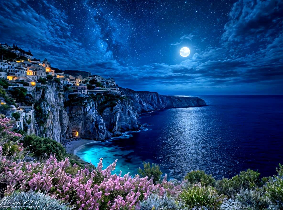 Vivid Noctilucent Mediterranean Coast at Full Moon