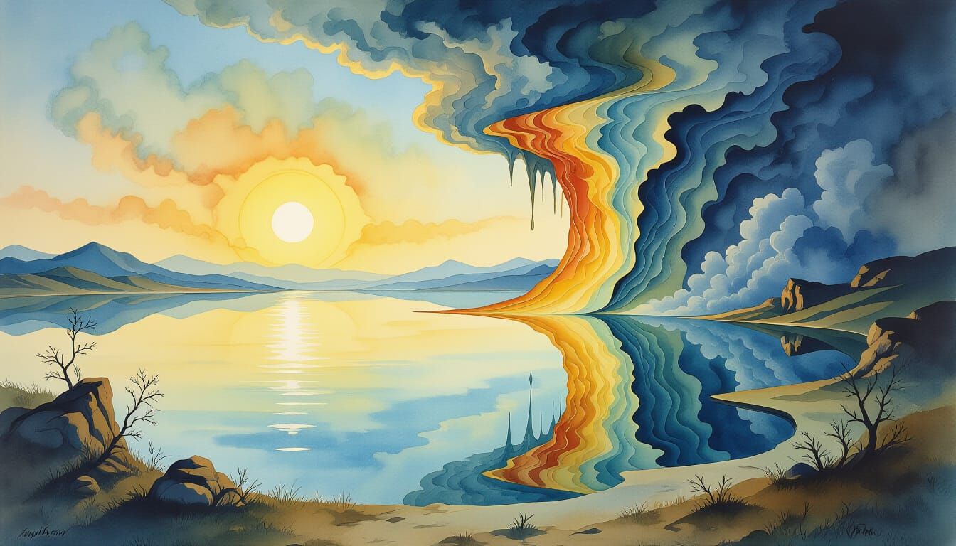 Surreal Watercolor Dreamscape Lake with Melting Elements