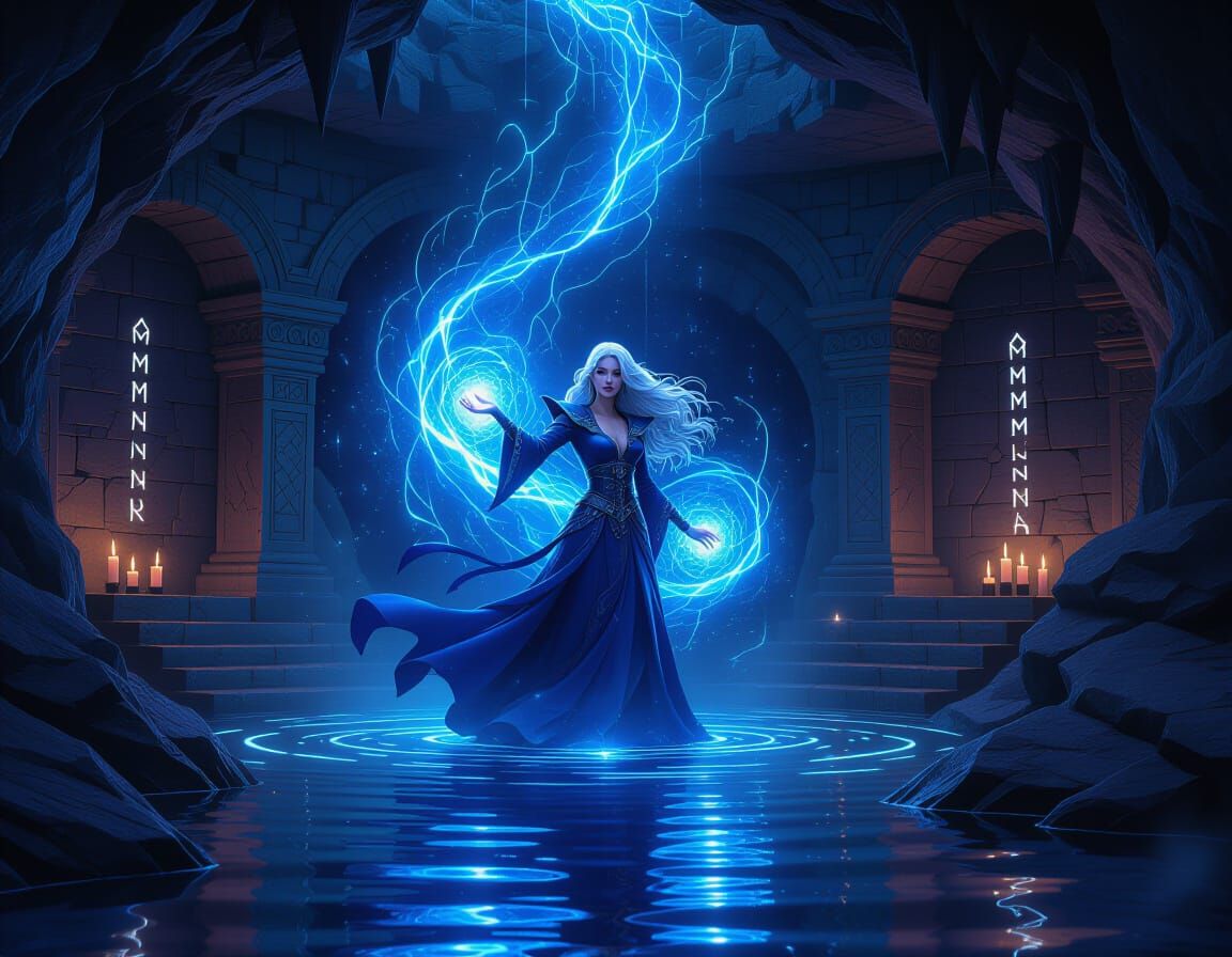 Sorceress Conjures Arcane Storm in Hidden Chamber