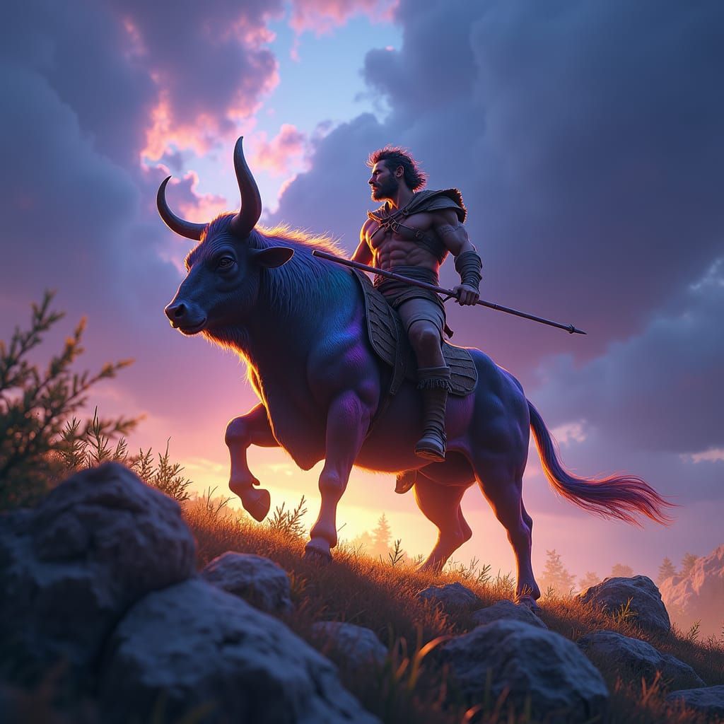 Majestic Bull and Rider in Mystical Storm