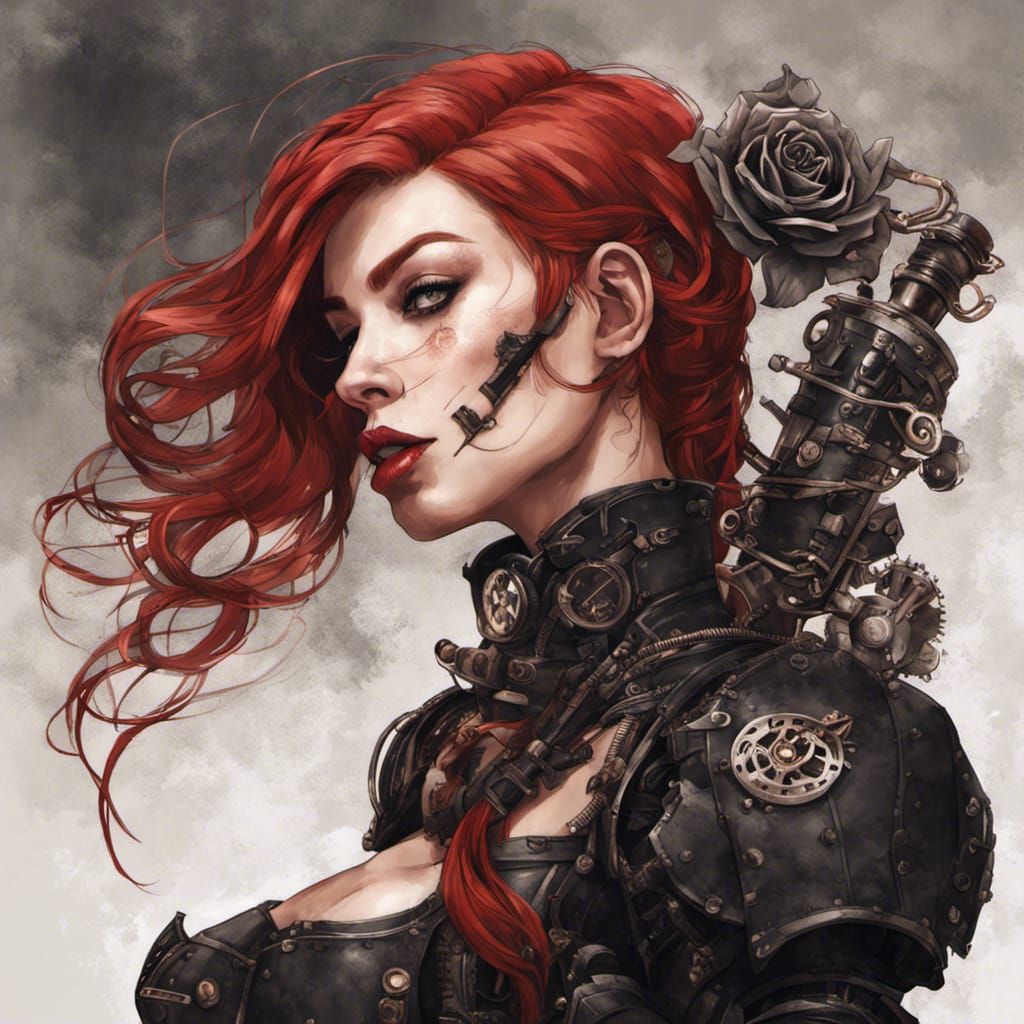 Assassin in Black Armor Kissing Rose, Steampunk Style