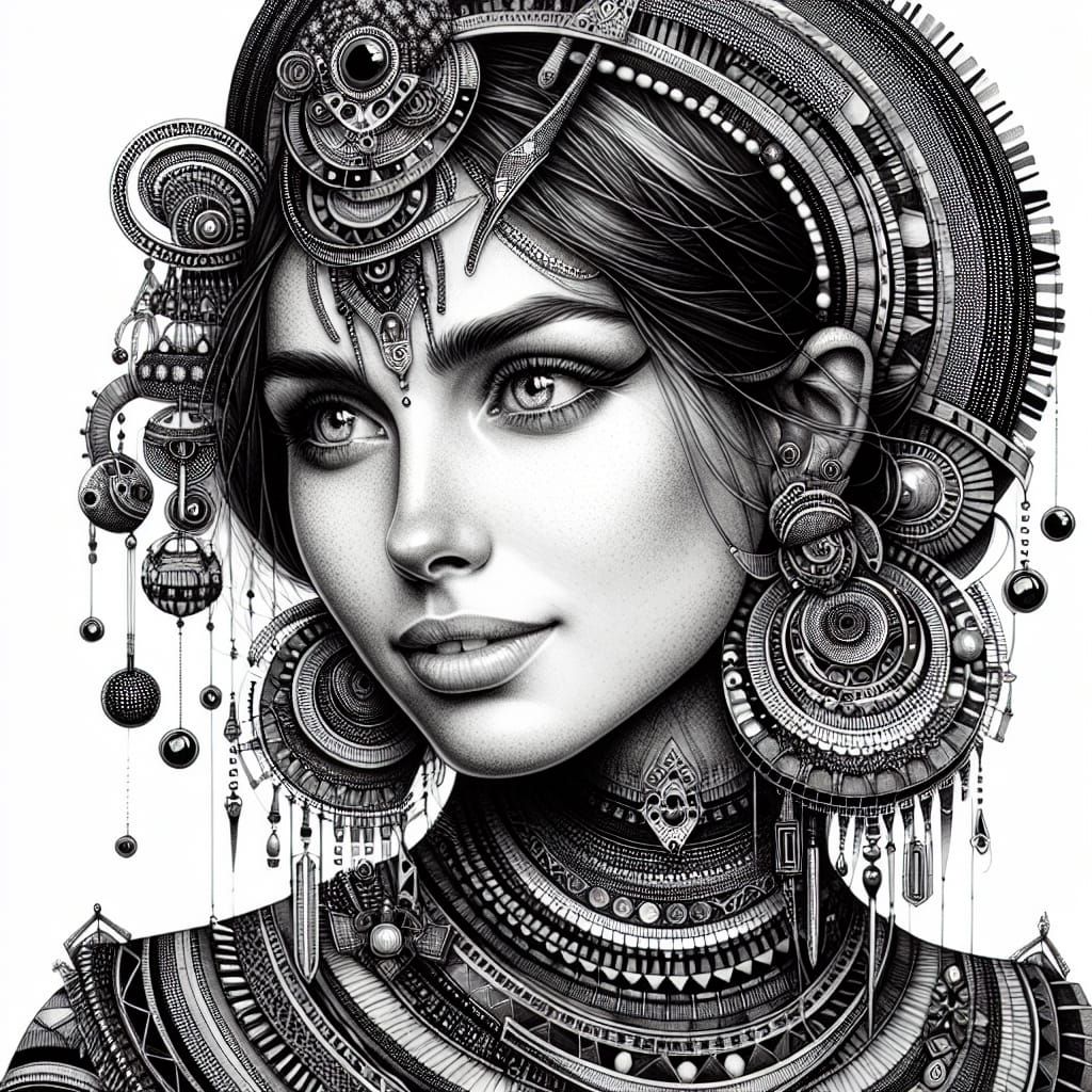 Intricate Ink Portrait of Woman in Futuristic Attire