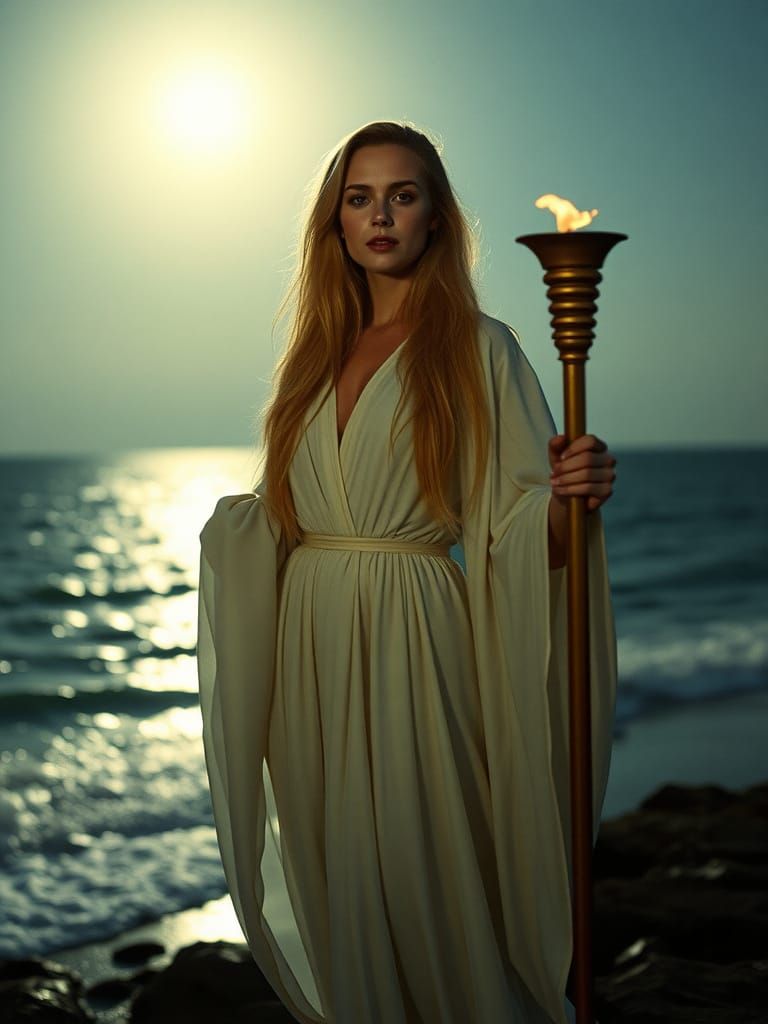 Elegant Blonde Priestess with Torch in Cinematic Lighting