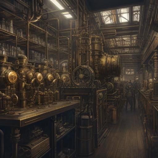 Zeus in Steampunk Laboratory with Steam-Powered Engine