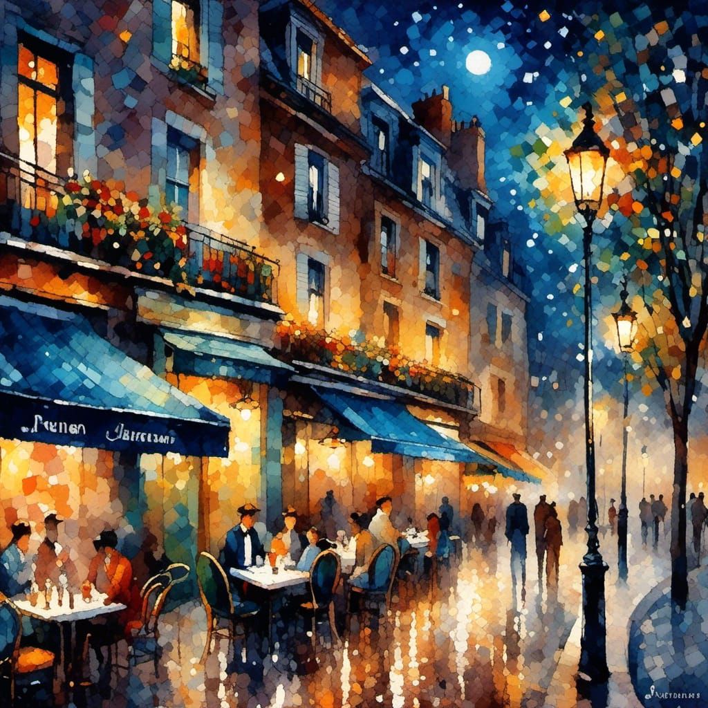 Paris Cafe Terrace at Midnight: Bold Watercolor