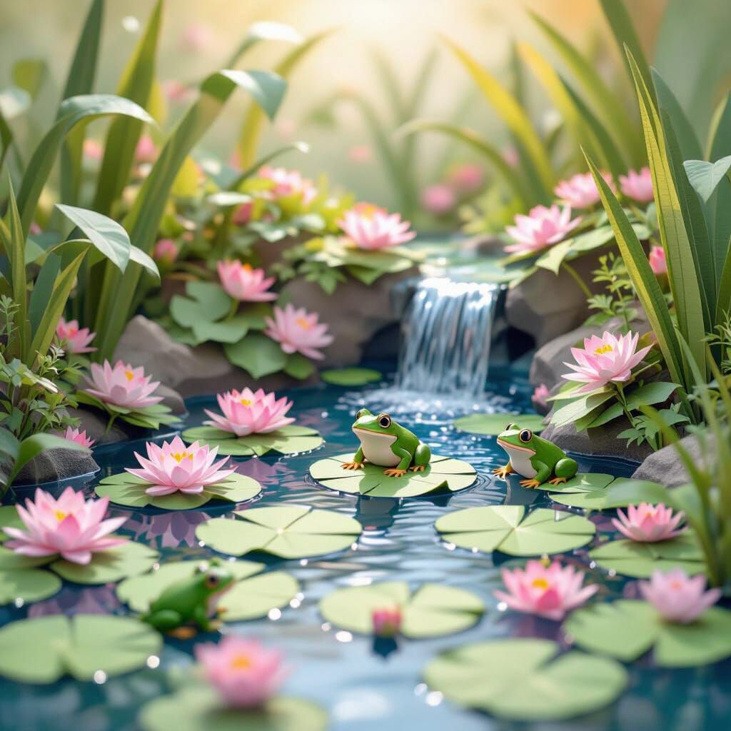 Ornate Pond with Frogs and Waterfall in Papercraft Style