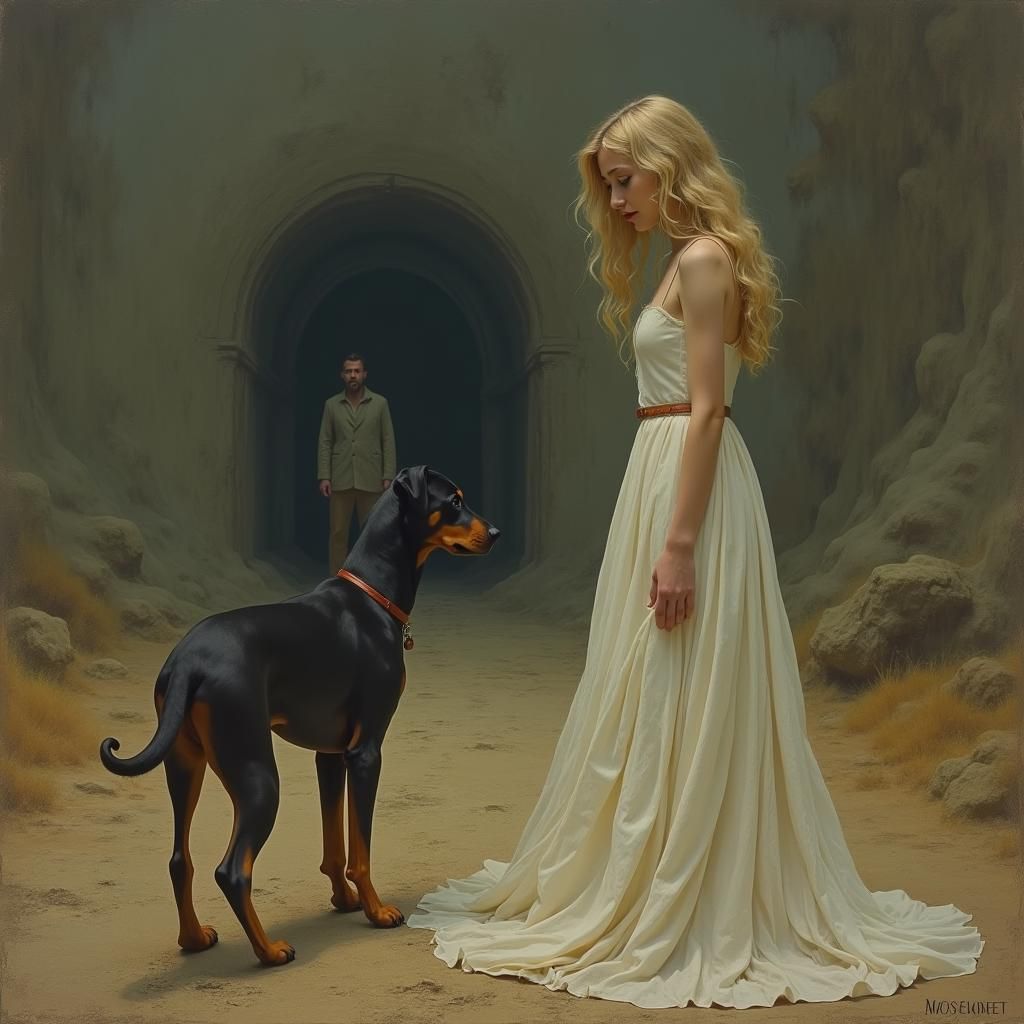 Despairing Woman in Surreal Landscape as Oil Painting