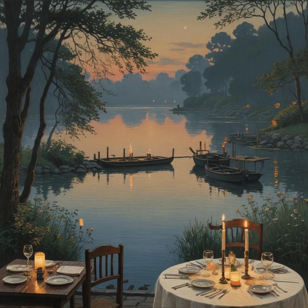 16k resolution, art by Hasui Kawase, Claude Monet. claustrophobic candlelit dinner beside a serene lake at dusk, soft ca...