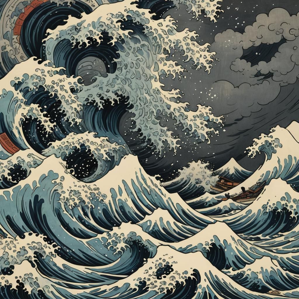Wrathful Maelstrom: Ukiyo-E Woodcut in Hokusai Style
