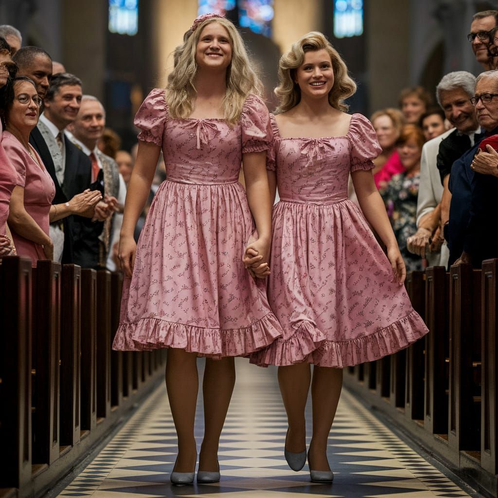 Crossdressing Teen in Frilly Dress with Friend at Church