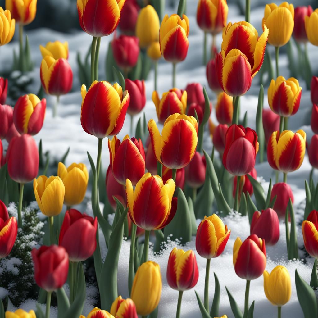 Red and Yellow Tulips Under Snow: Detailed Macro Image