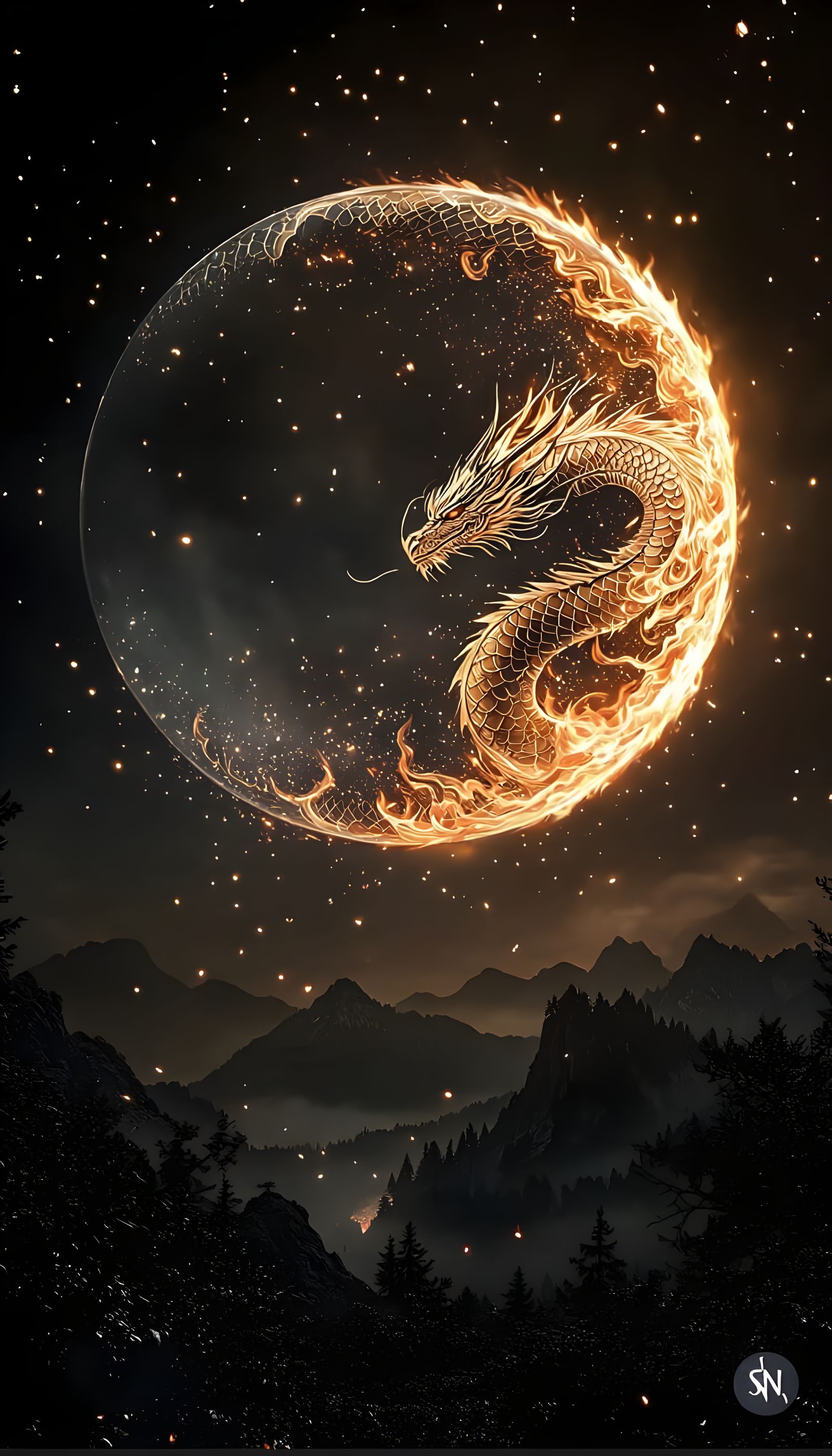 Fiery Dragon Coiled in Sphere of Light