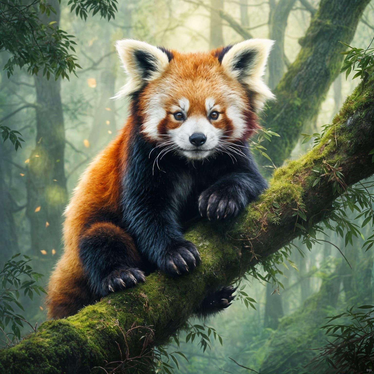 Red Panda in Misty Forest, Gouache & Watercolor Style