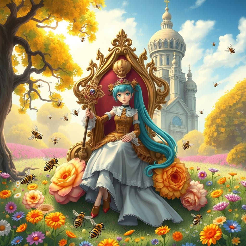 Surreal Queen Bee Hatsune Miku in a Vibrant Flower Landscape