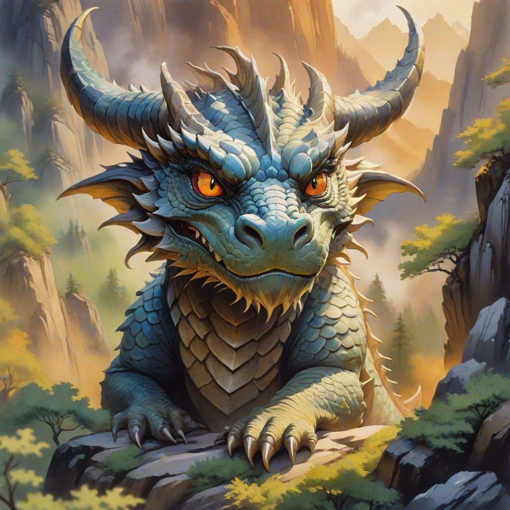 Detailed Ink Painting of Wise Dragon on Mountain