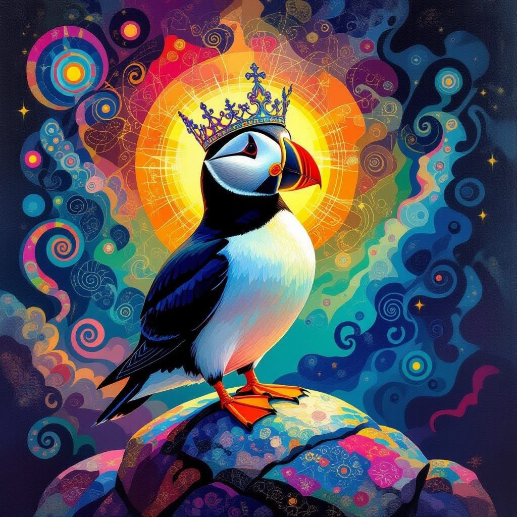 Surreal Puffin Bird Wears Jesus' Crown in Vibrant, Ethereal ...