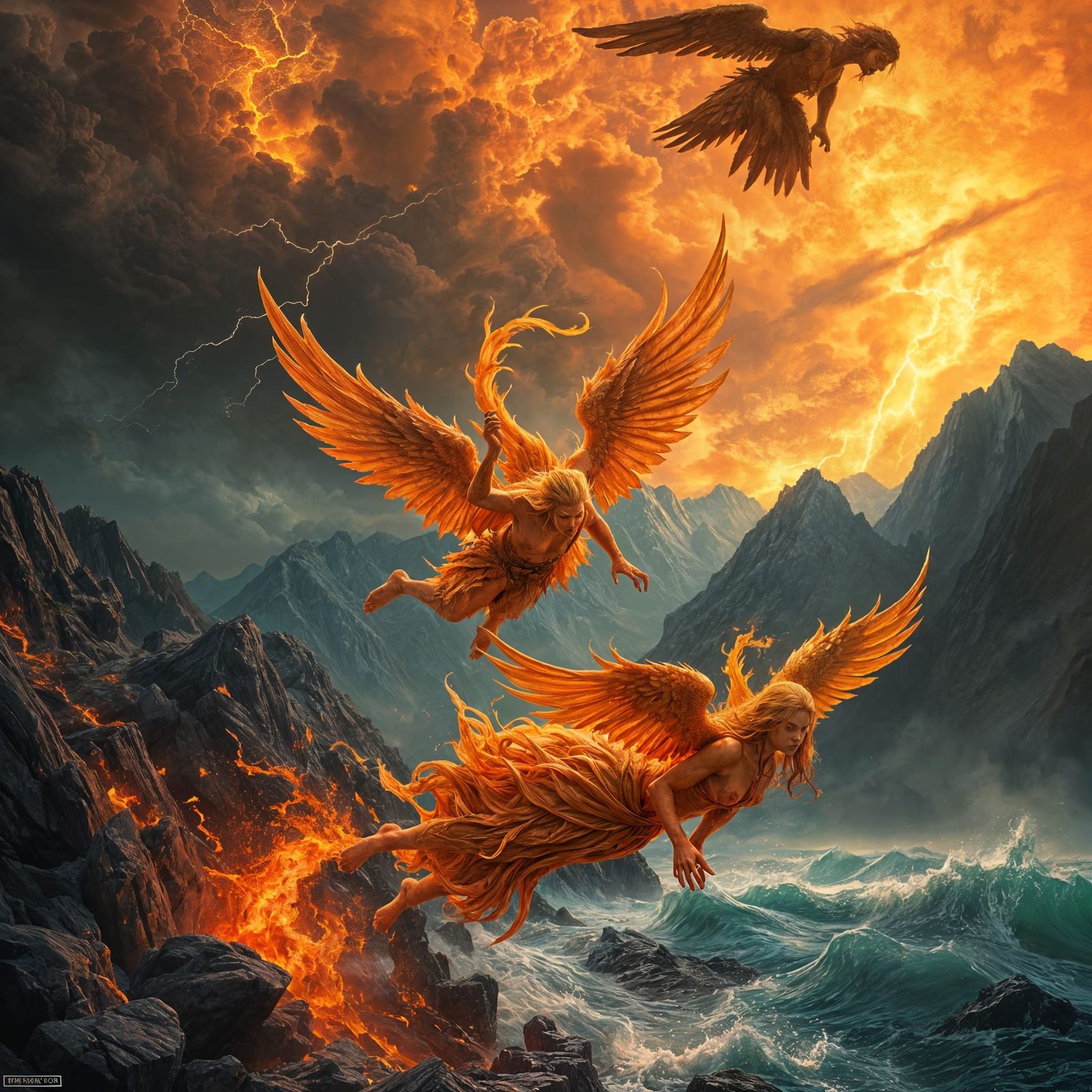 Angels Falling in Fiery, Dramatic Landscape