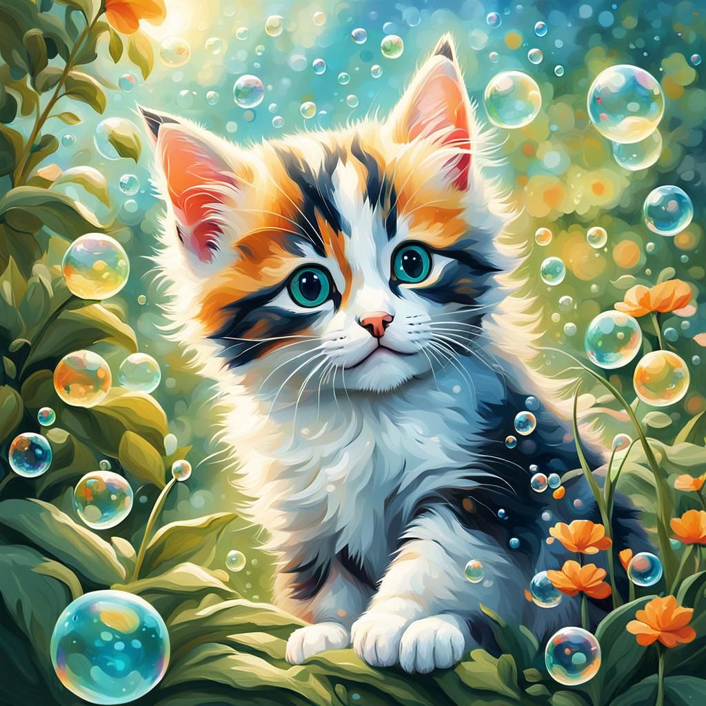 Calico Kitten's Whimsical Bubble Garden in Digital Art