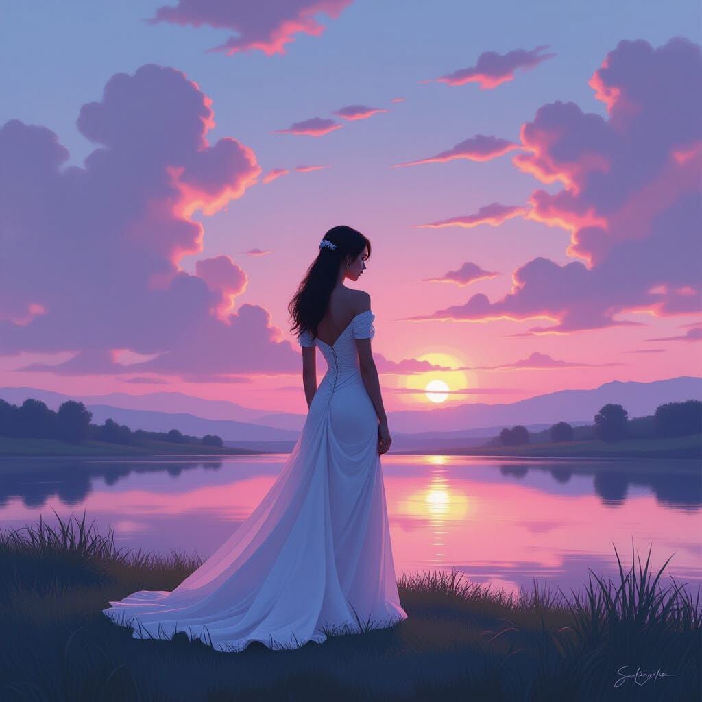 Elegant Woman in Dreamy Digital Landscape