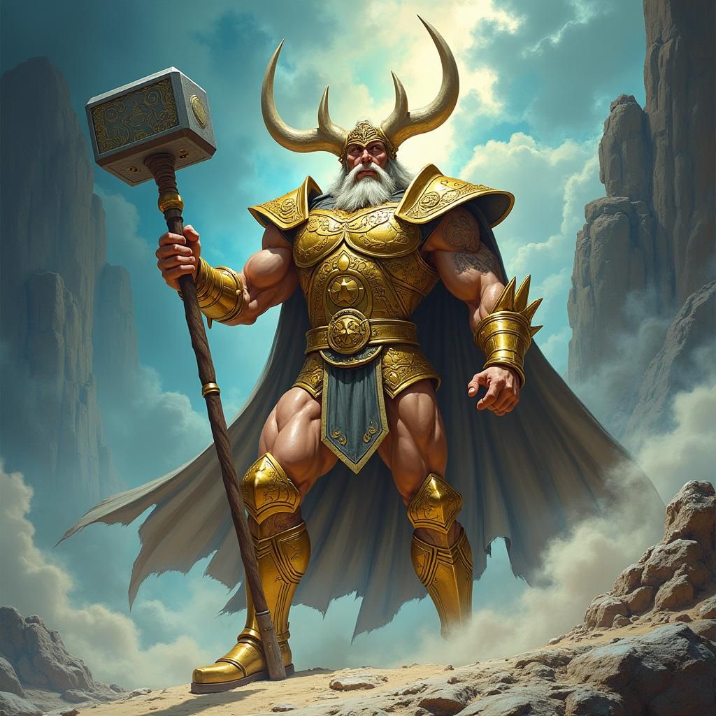 Mighty Norse Warrior with Mjolnir, Fantasy Art