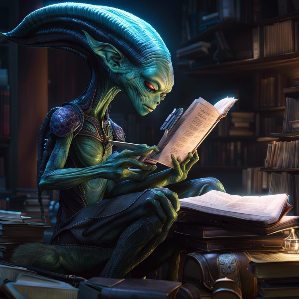 Alien Reading Book in Detailed 3D Art
