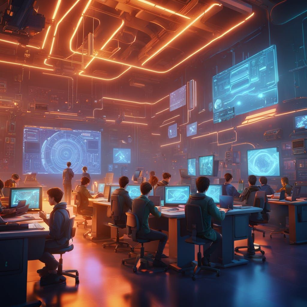 Futuristic Classroom with Holographic Displays: Digital Matt...