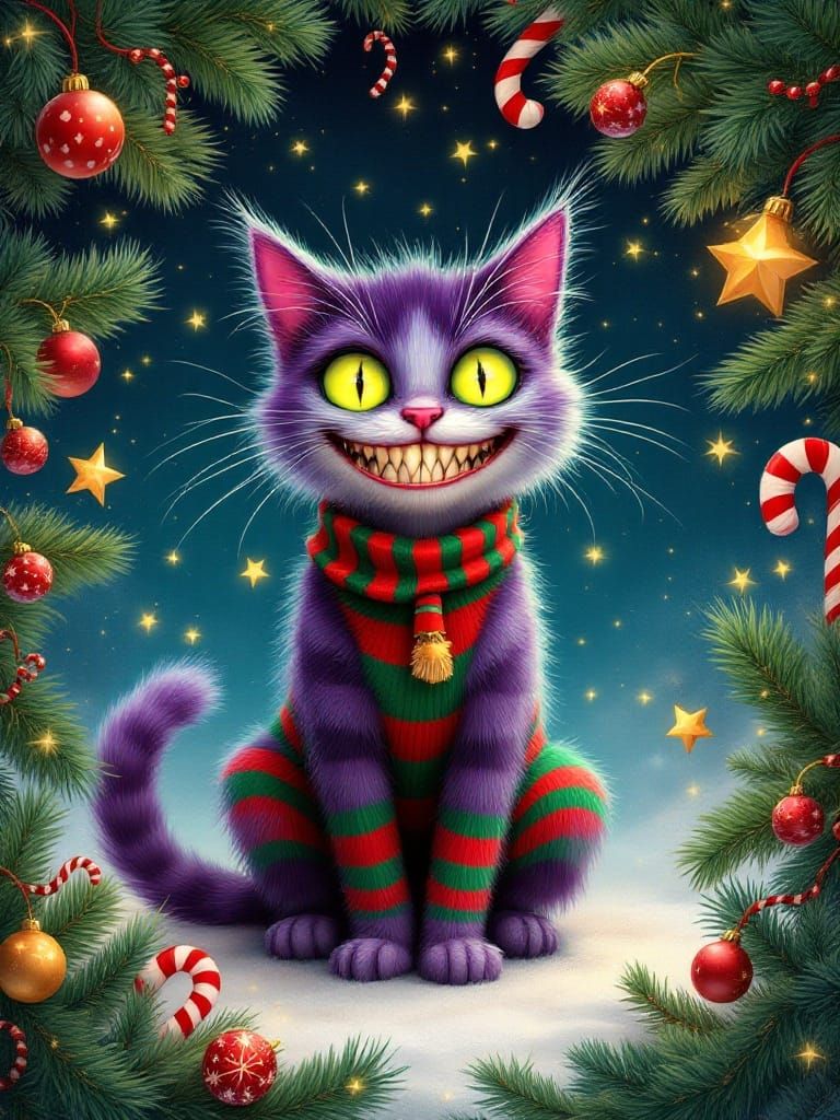 Whimsical Christmas Cat in Vibrant Holiday Style