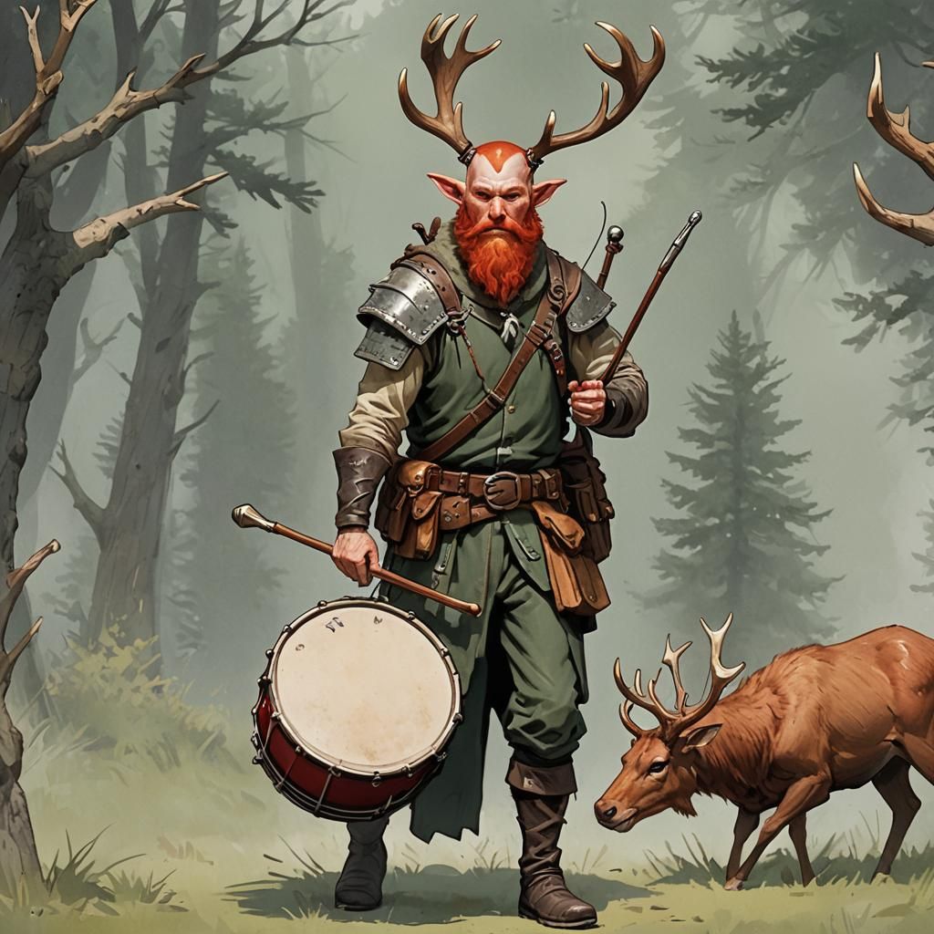 A dnd ranger with bald head bright red beard stagg antlers short and heavy playing hand drum