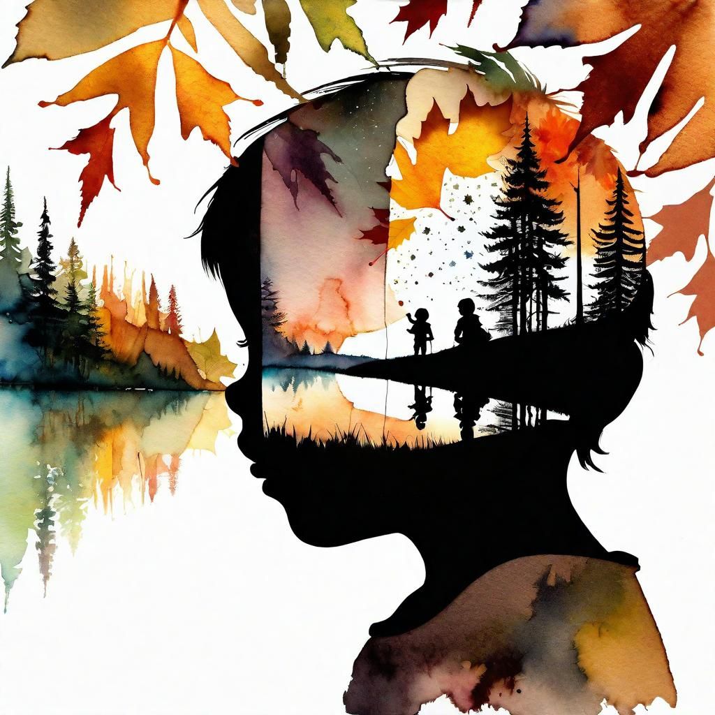 Autumn Camping Double Exposure in Watercolor Style