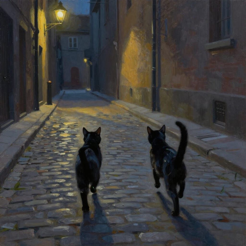 Two Black Cats Run Down Cobblestone Street in Oil Painting S...