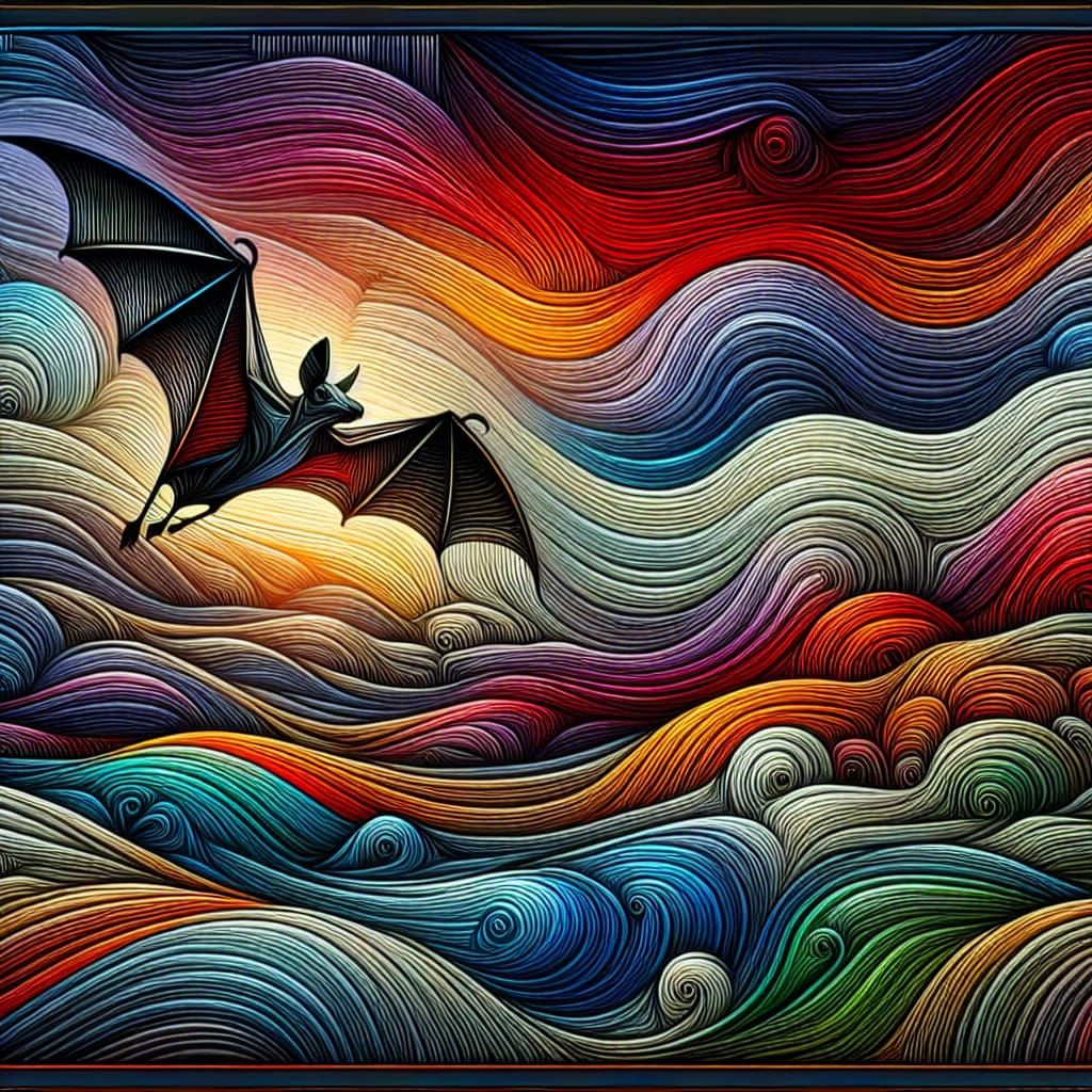 Art Deco Bat in Flight Over Ocean