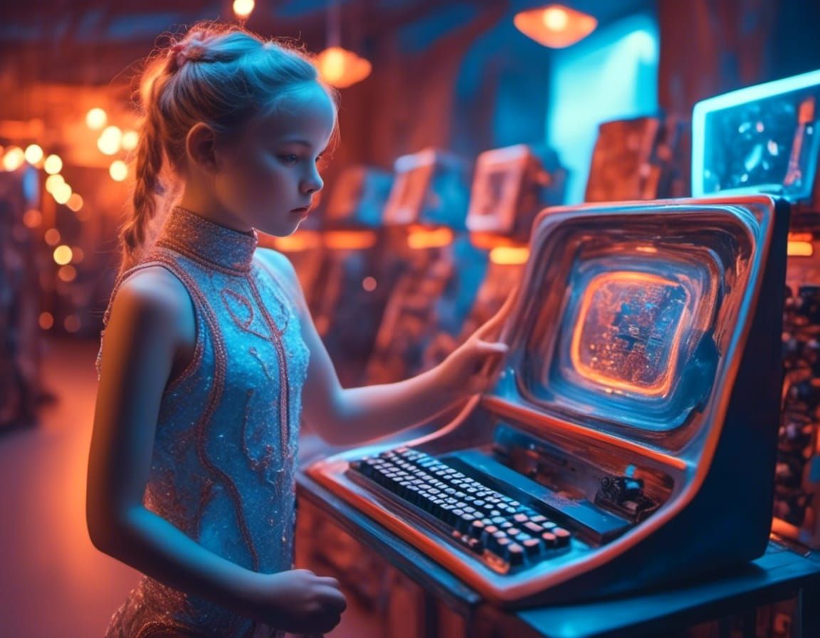 Girl in Leotard Next to Vintage Computer