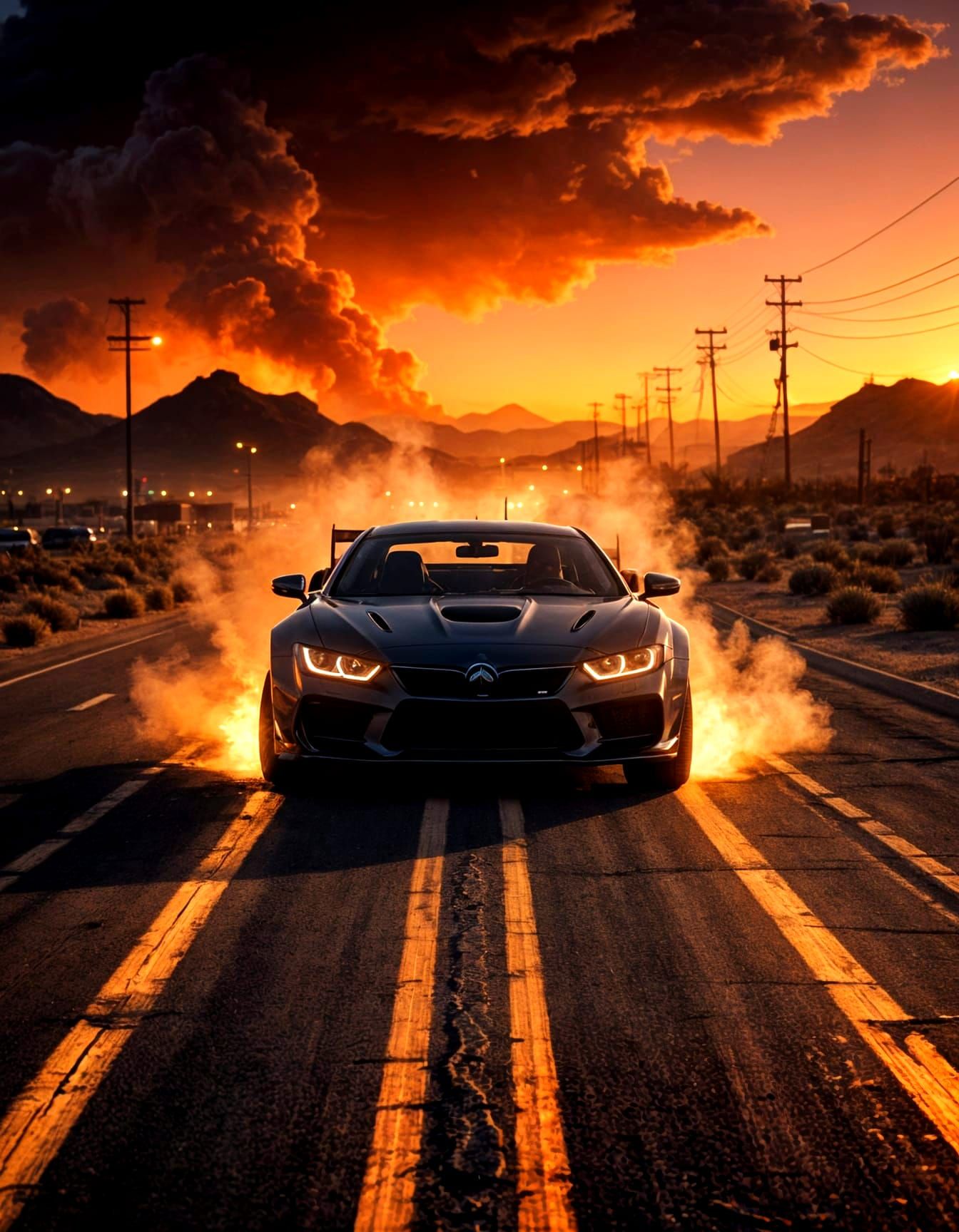 Desert Road with Tire Tracks and City Lights