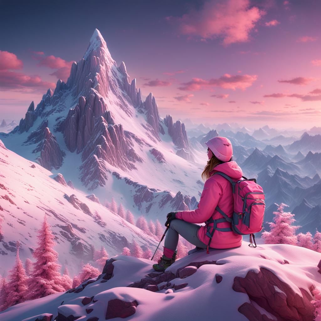 Girl on Mountain Peak in Pink Hiking Gear