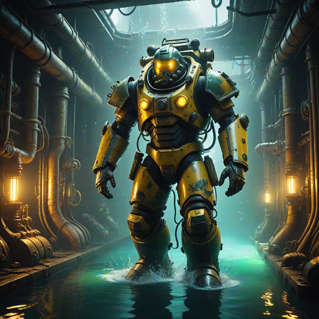 Armored Diver in Underwater Corridor, 3D Game Art