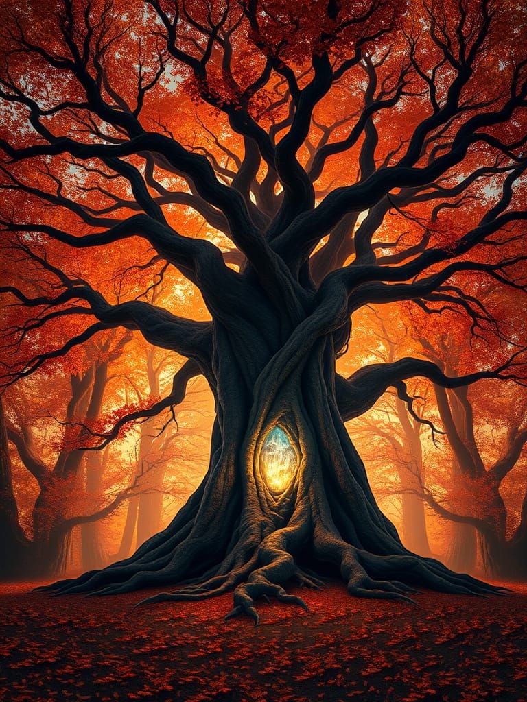 Majestic Autumn Tree in a Dark Fantasy Clearing