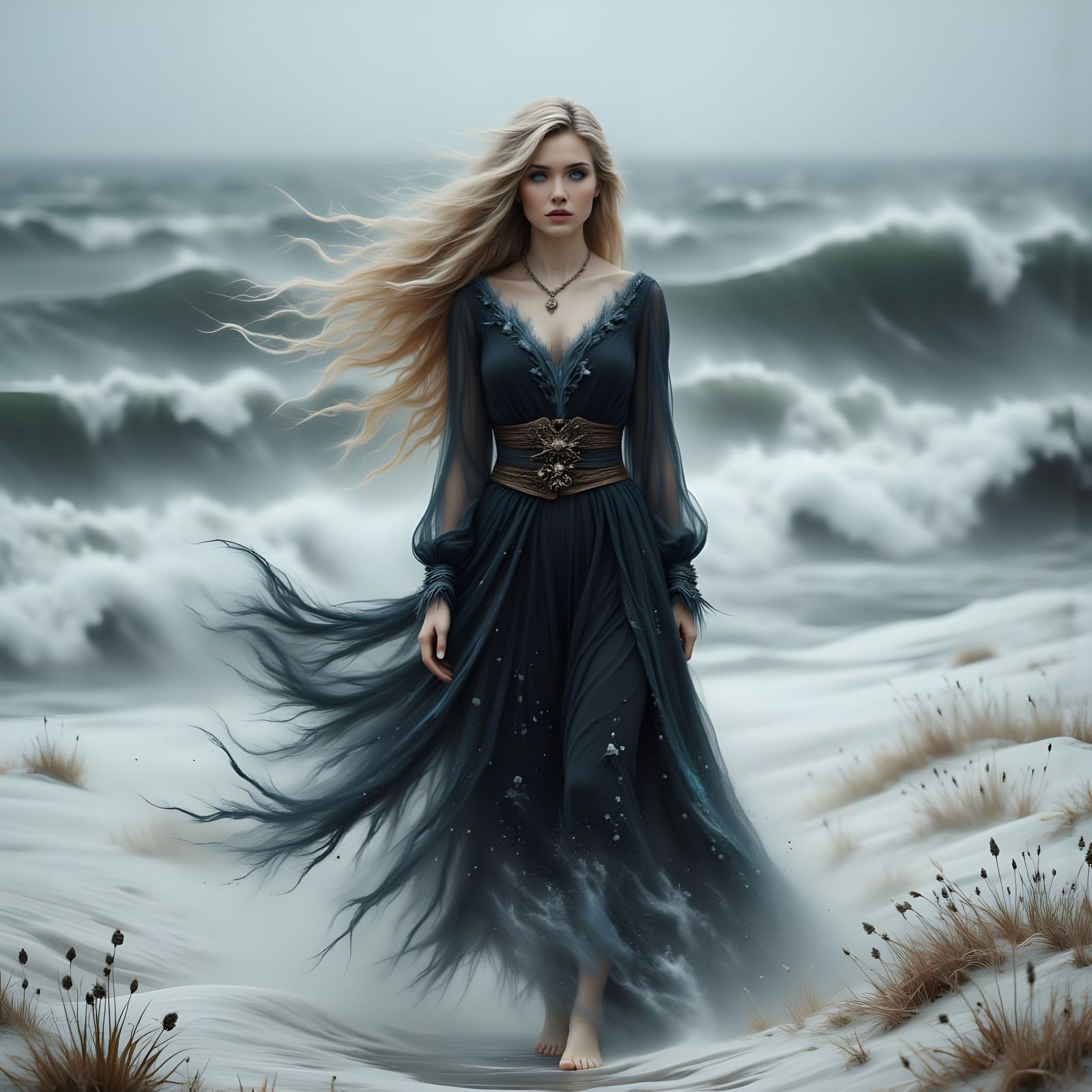 Norse Goddess Strides Moody Beach: Vintage Style