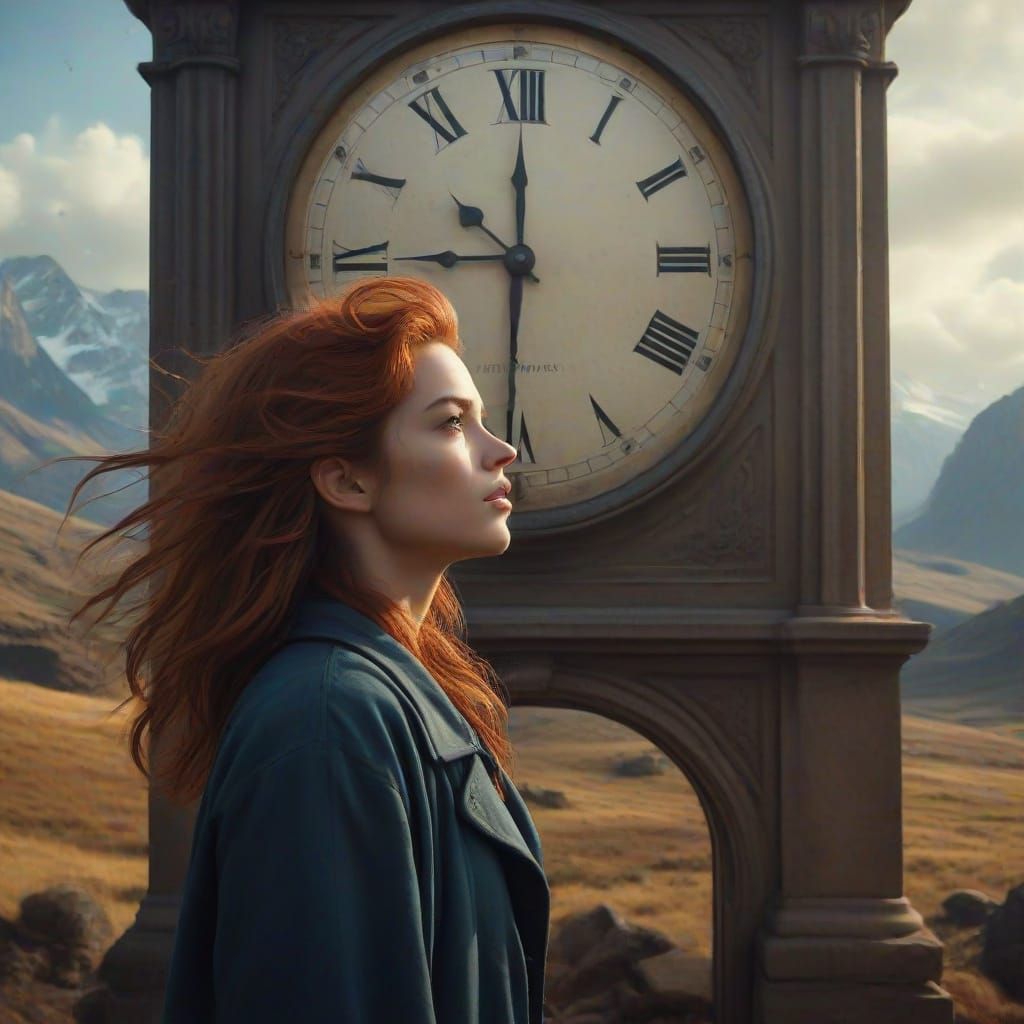 Person Before Giant Wind-Blown Clock in Vibrant Landscape