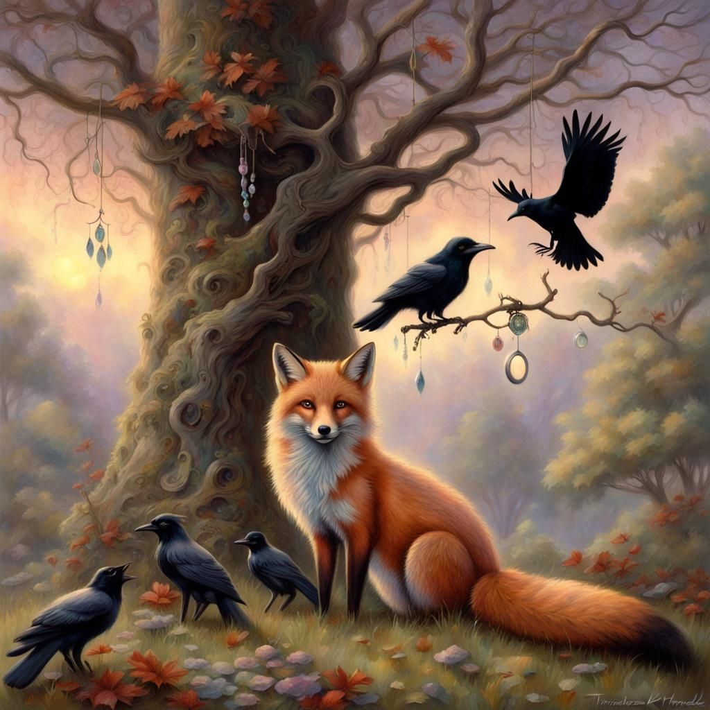 Red Fox and Crow with Jeweled Tree, Ethereal Fantasy
