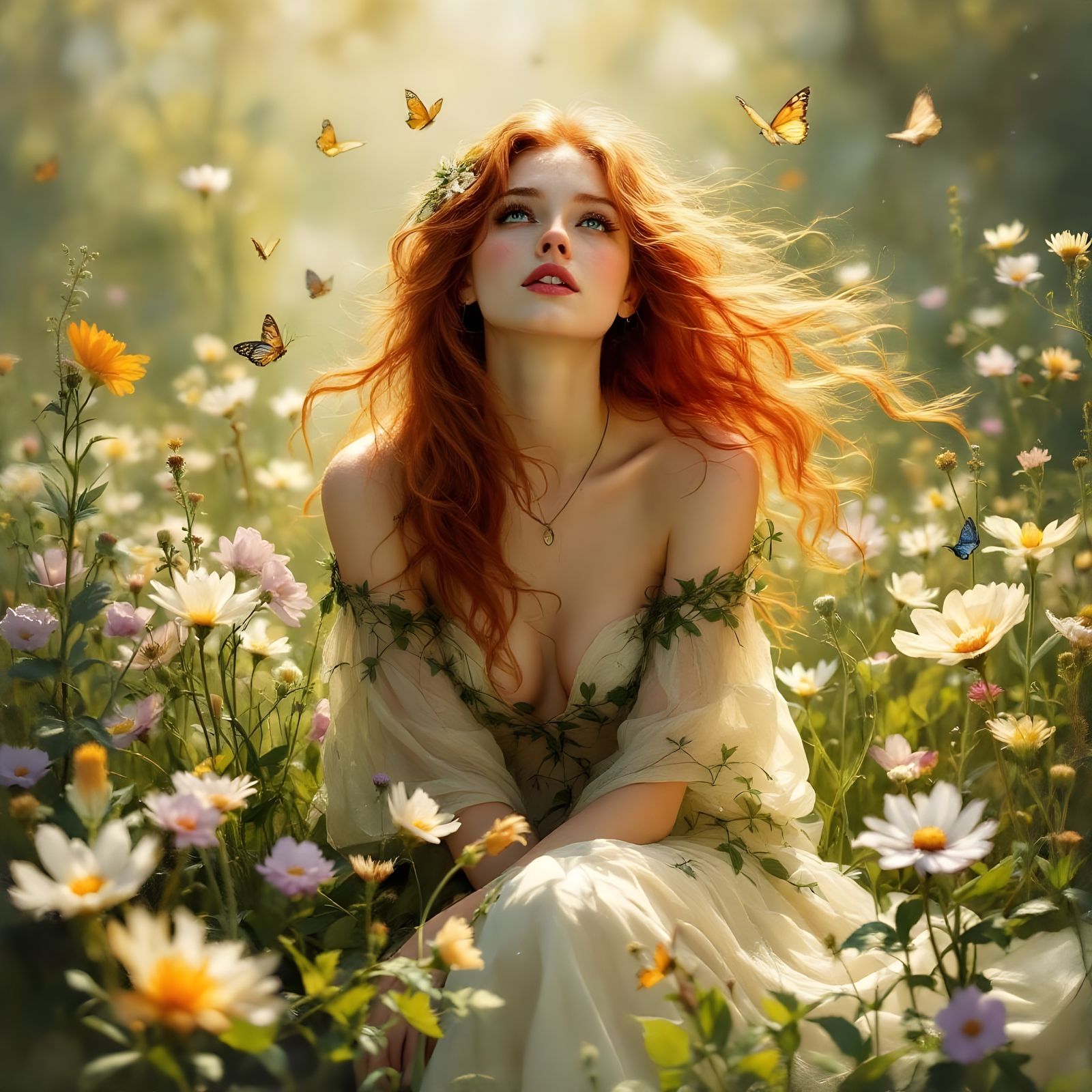 Red-Haired Woman in Meadow: Pre-Raphaelite Style